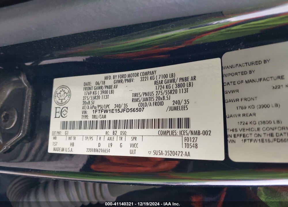 2018 FORD F-150 VIN: 1FTFW1E15JFD56507