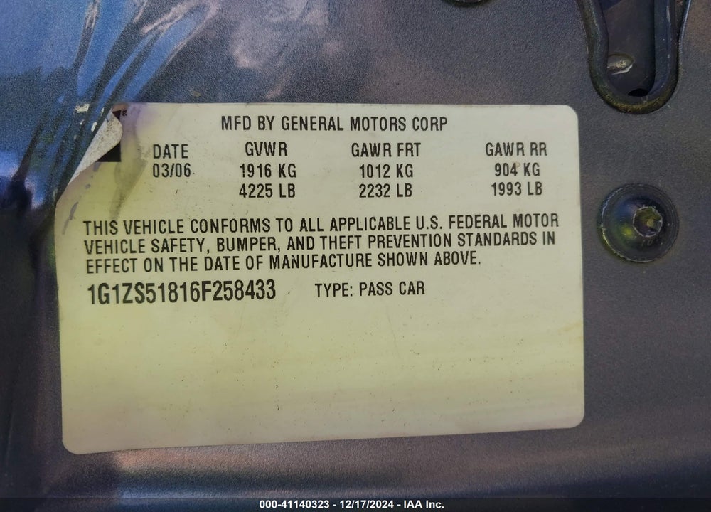 2006 CHEVROLET MALIBU LS VIN: 1G1ZS51816F258433