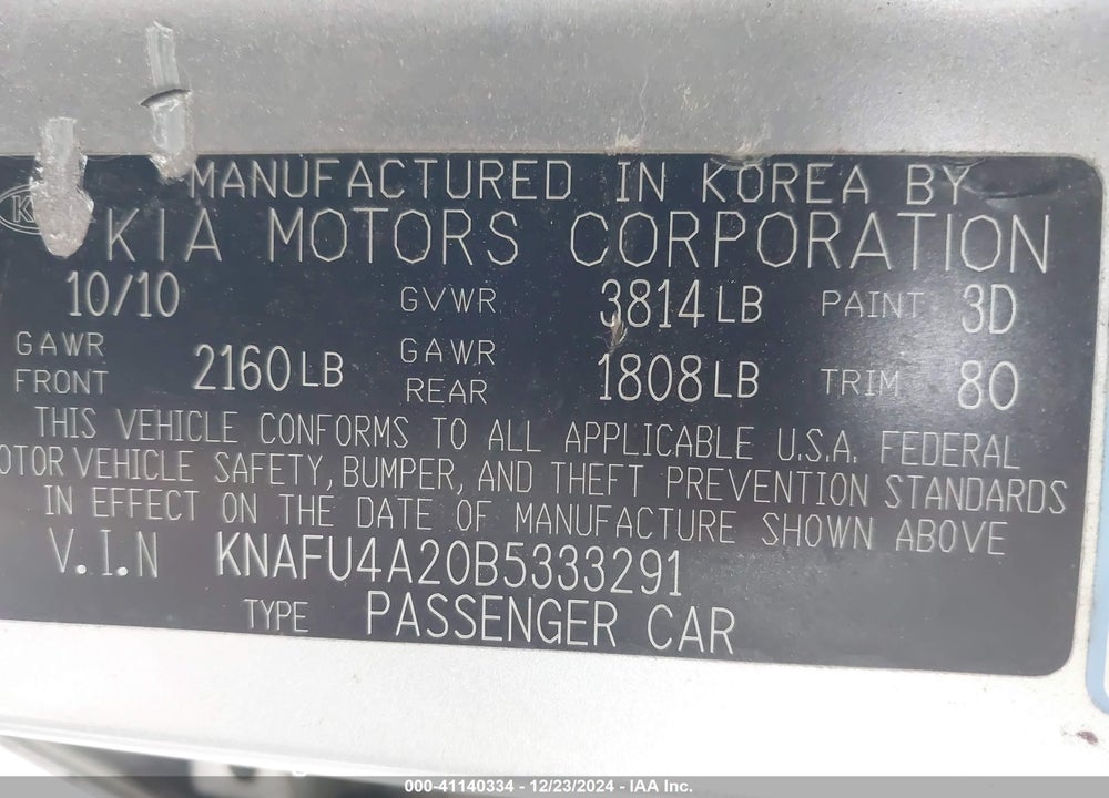 2011 KIA FORTE EX VIN: KNAFU4A20B5333291