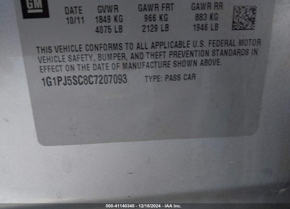2012 CHEVROLET CRUZE VIN: 1G1PJ5SC8C7207093