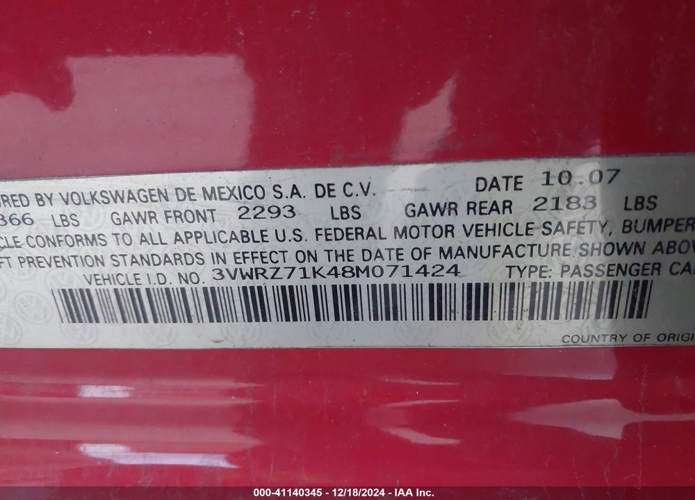 2008 VOLKSWAGEN JETTA SE/SEL VIN: 3VWRZ71K48M071424