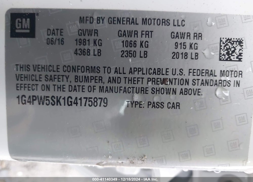 2016 BUICK VERANO VIN: 1G4PW5SK1G4175879