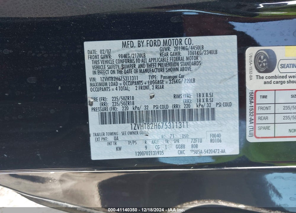 2007 FORD MUSTANG VIN: 1ZVHT82H675311311