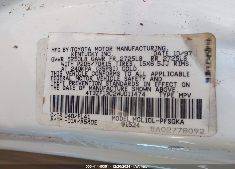 1998 TOYOTA SIENNA LE VIN: 4T3ZF13C2WU011474