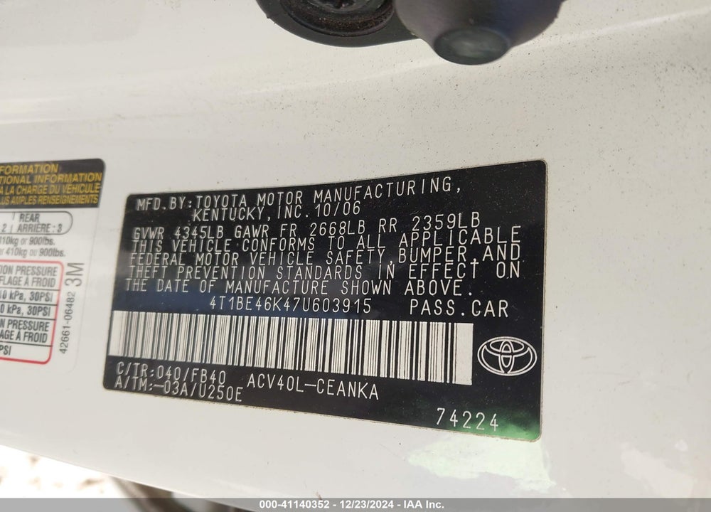 2007 TOYOTA CAMRY LE VIN: 4T1BE46K47U603915