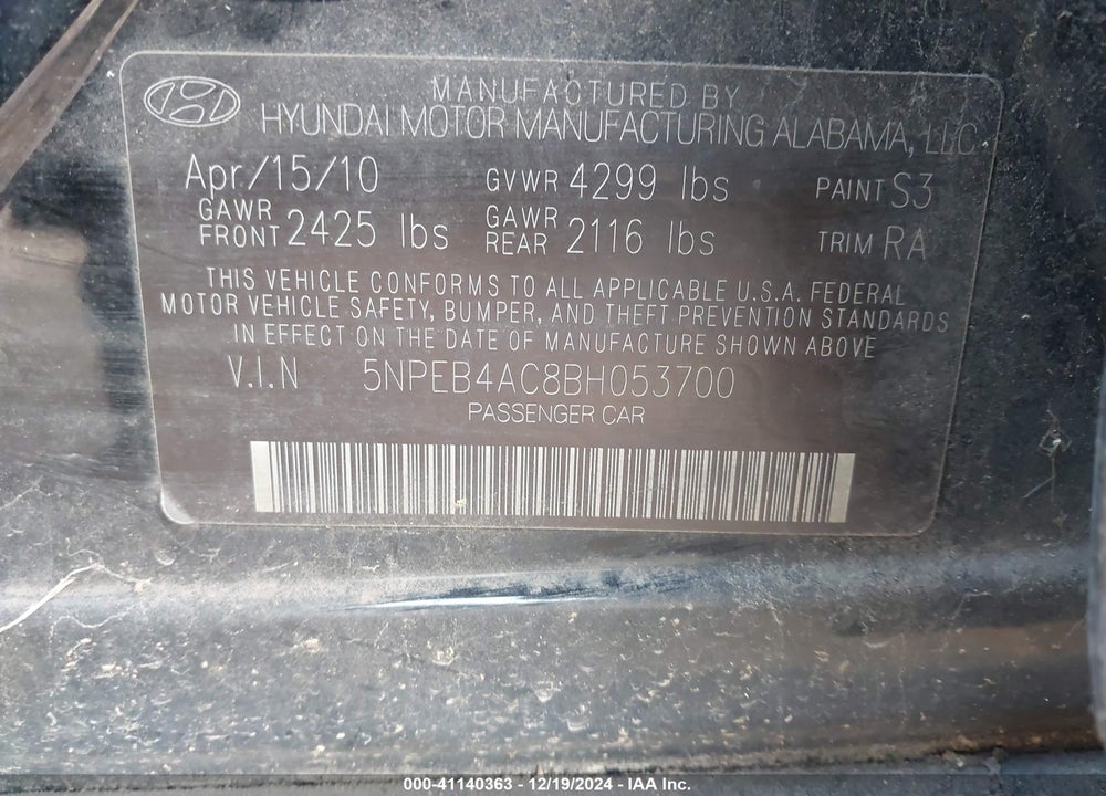 2011 HYUNDAI SONATA GLS VIN: 5NPEB4AC8BH053700