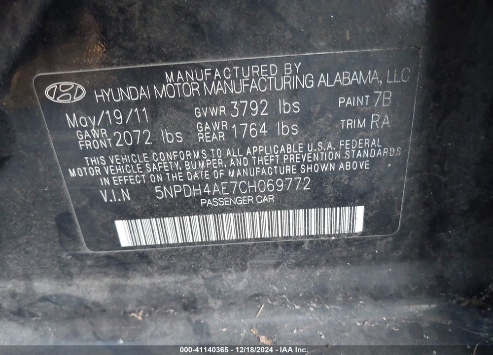 2012 HYUNDAI ELANTRA GLS VIN: 5NPDH4AE7CH069772