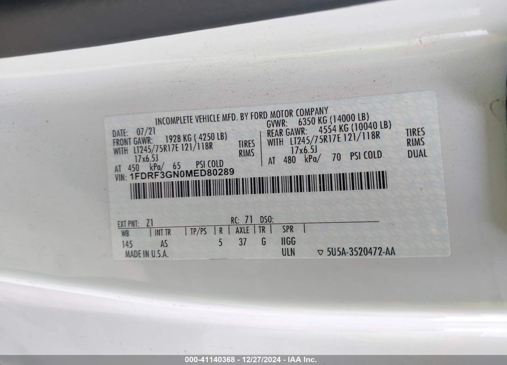 2021 FORD F-350 CHASSIS XL VIN: 1FDRF3GN0MED80289