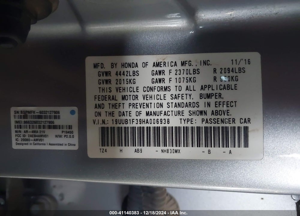 2017 ACURA TLX VIN: 19UUB1F39HA006938