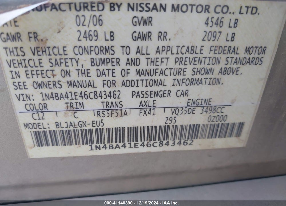 2006 NISSAN MAXIMA 3.5 SL VIN: 1N4BA41E46C843462