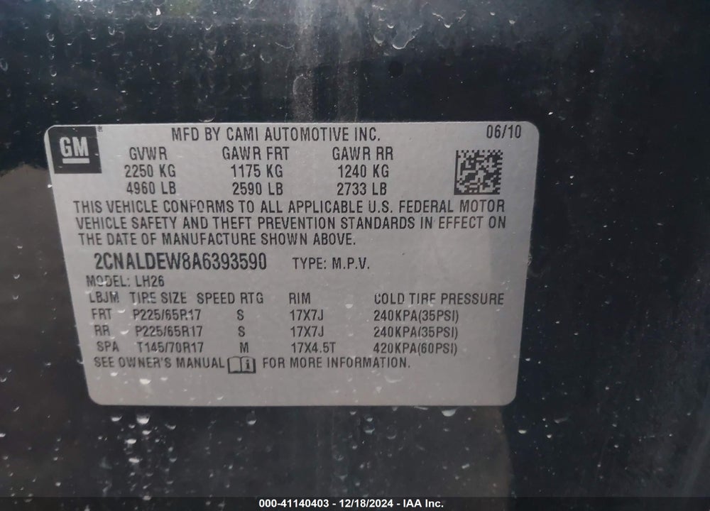 2010 CHEVROLET EQUINOX LT VIN: 2CNALDEW8A6393590