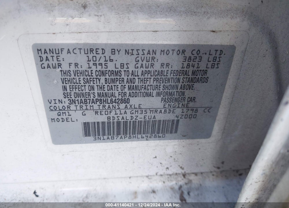 2017 NISSAN SENTRA SV VIN: 3N1AB7AP8HL642860