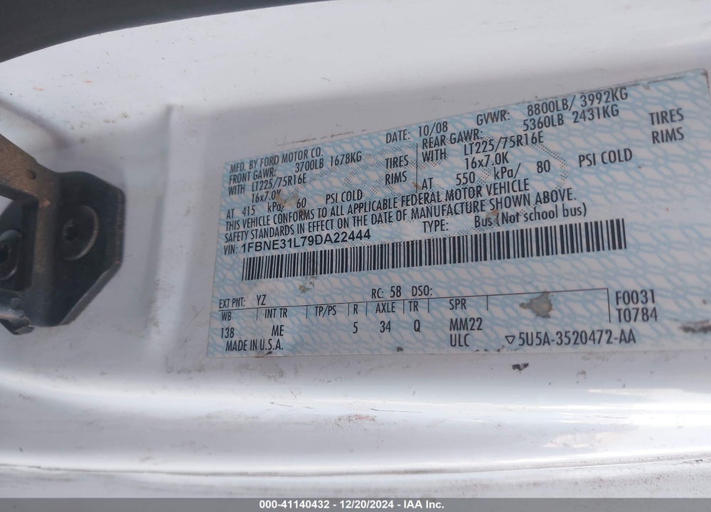 2009 FORD E-350 SUPER DUTY XL/XLT VIN: 1FBNE31L79DA22444