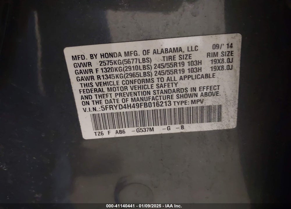 2015 ACURA MDX TECHNOLOGY PACKAGE VIN: 5FRYD4H49FB016213