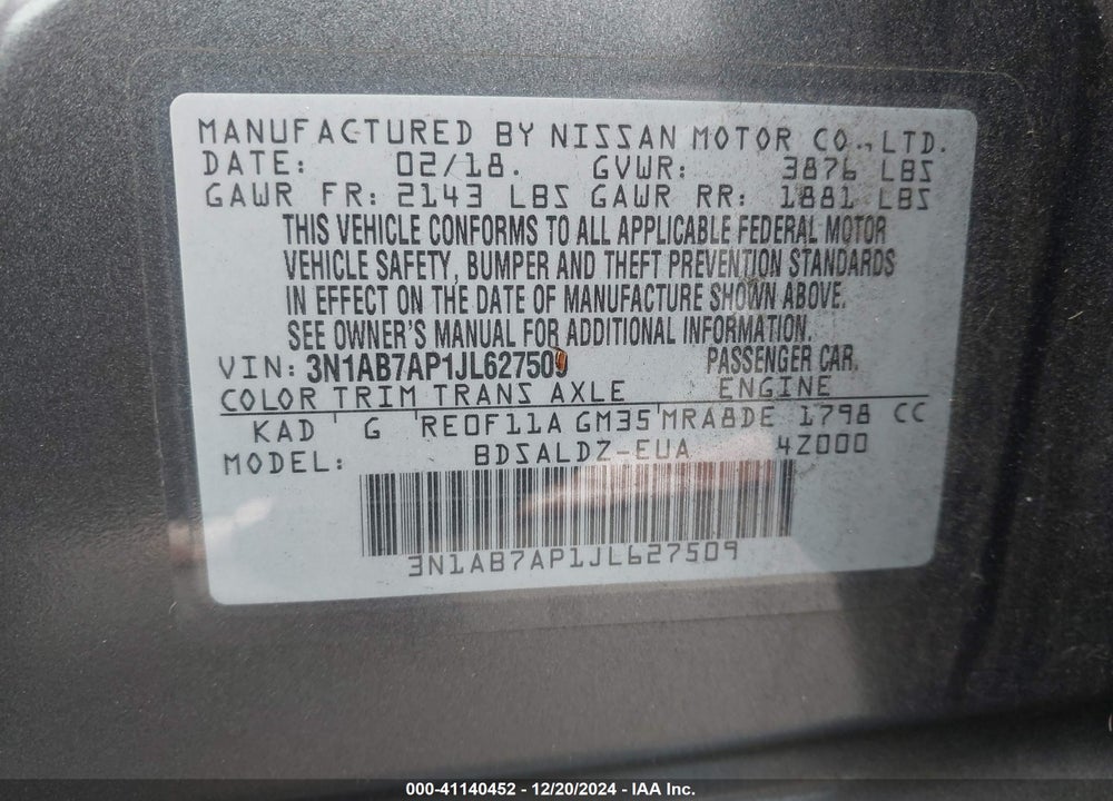 2018 NISSAN SENTRA SV VIN: 3N1AB7AP1JL627509