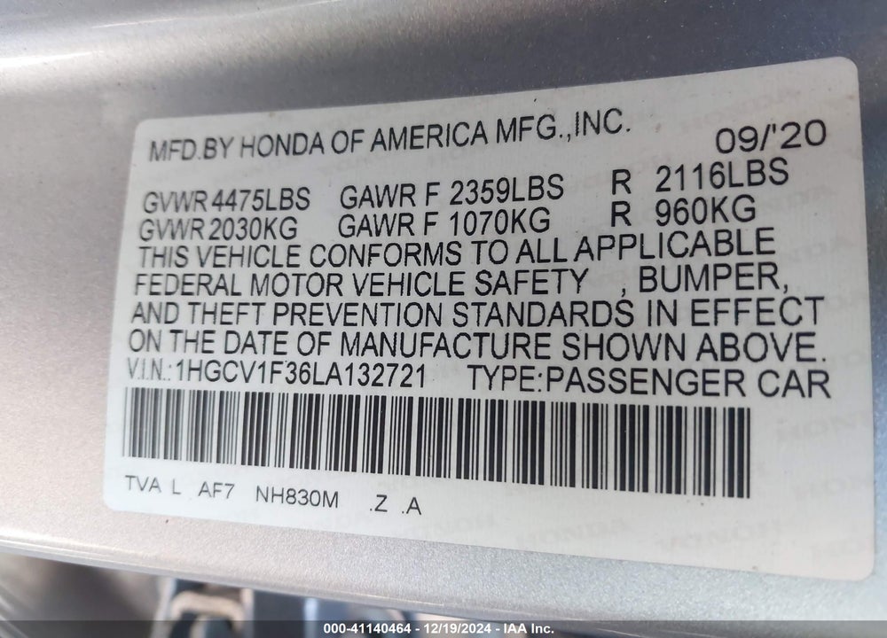 2020 HONDA ACCORD VIN: 1HGCV1F36LA132721