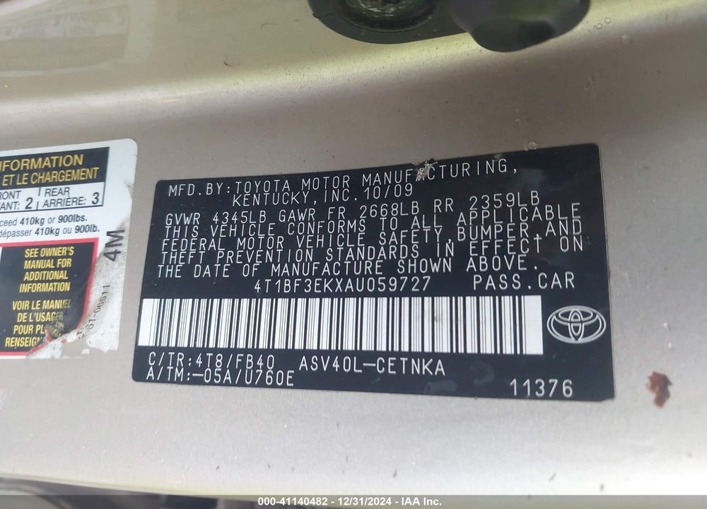2010 TOYOTA CAMRY VIN: 4T1BF3EKXAU059727