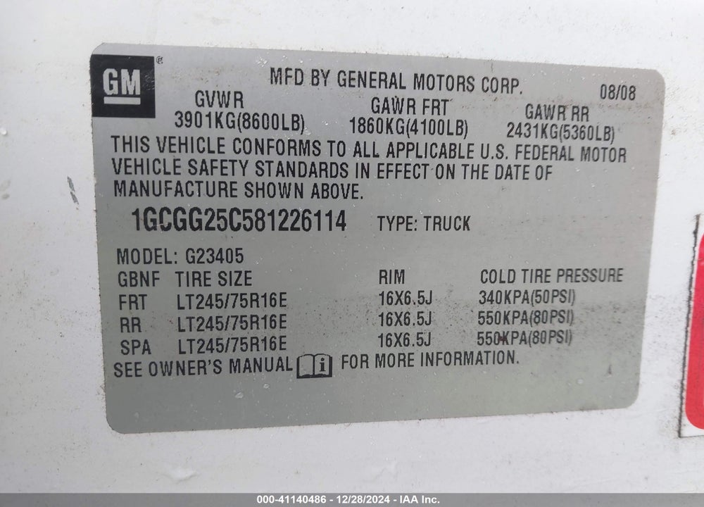 2008 CHEVROLET EXPRESS VIN: 1GCGG25C581226114