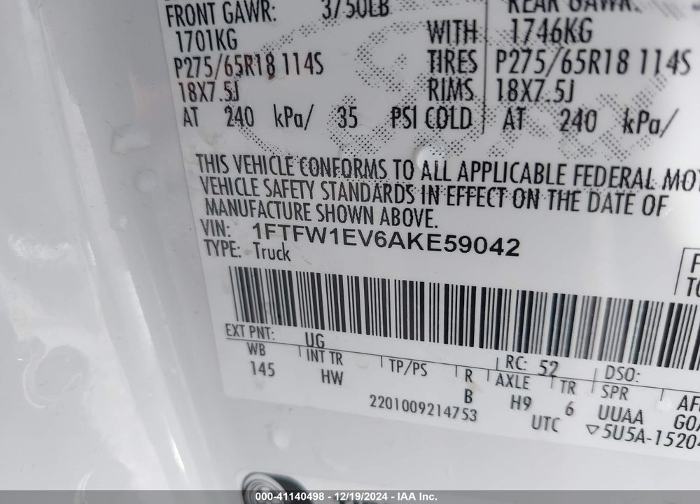 2010 FORD F-150 LARIAT VIN: 1FTFW1EV6AKE59042