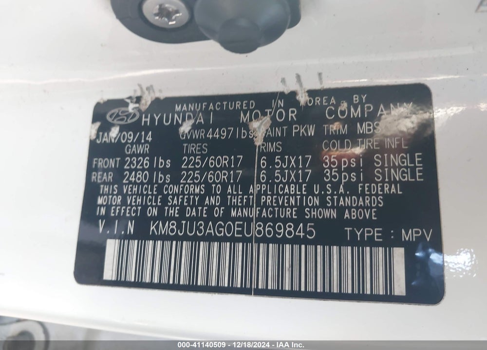2014 HYUNDAI TUCSON SE VIN: KM8JU3AG0EU869845