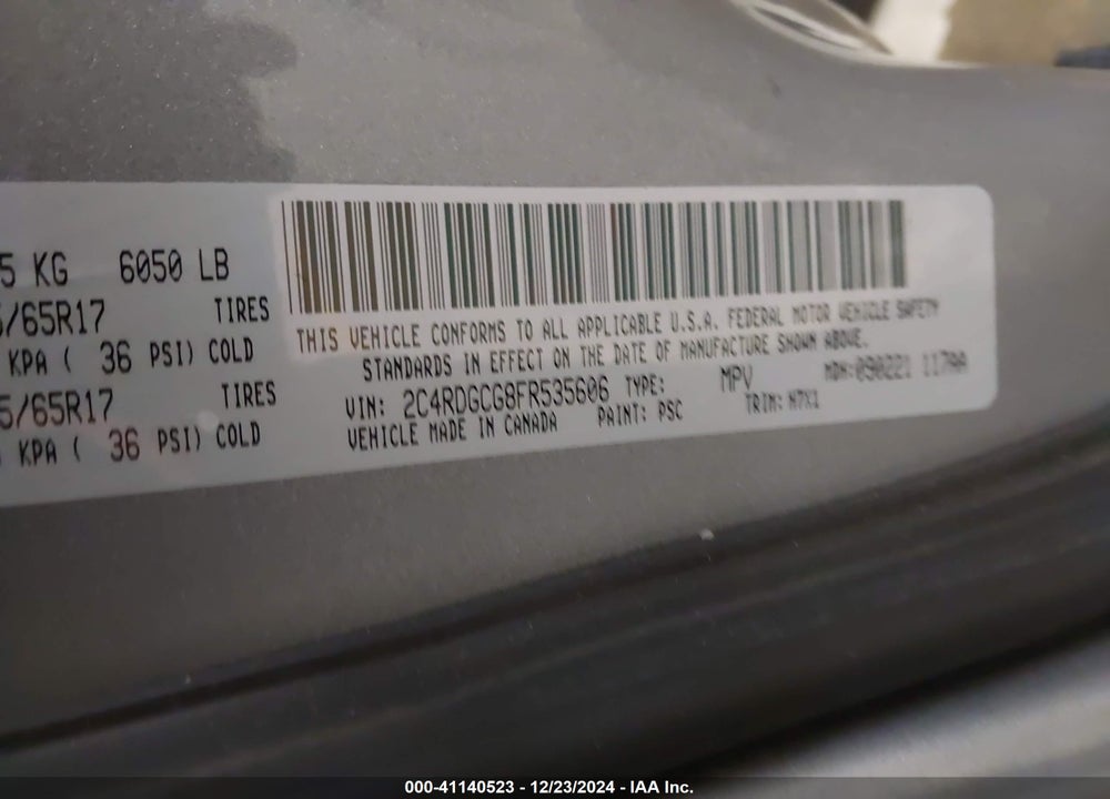 2015 DODGE GRAND CARAVAN VIN: 2C4RDGCG8FR535606
