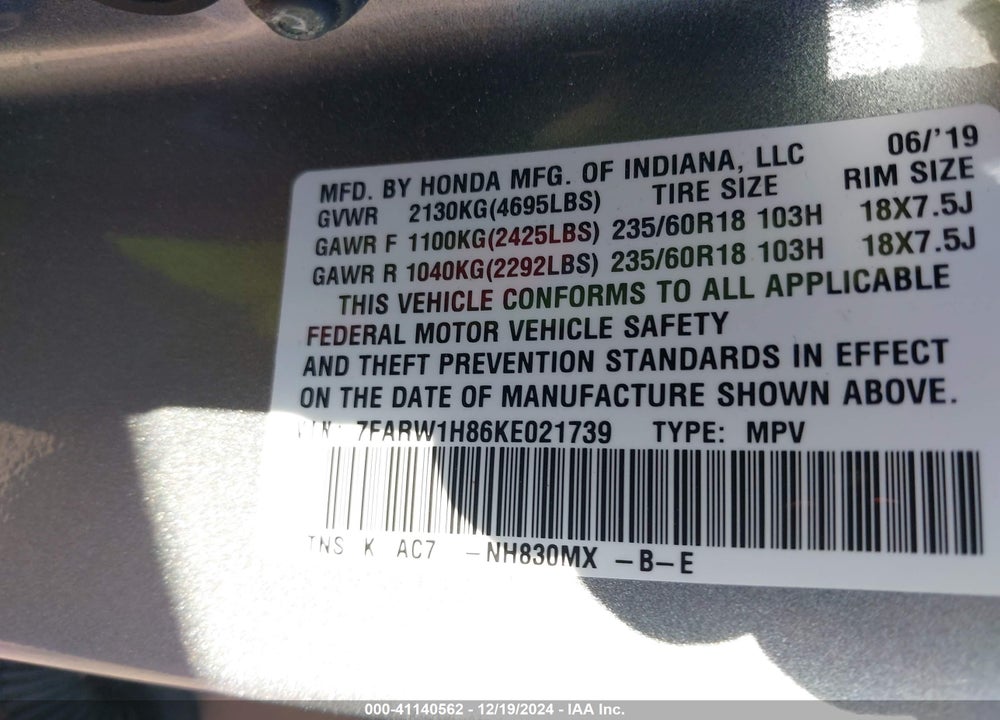 2019 HONDA CR-V EX-L VIN: 7FARW1H86KE021739