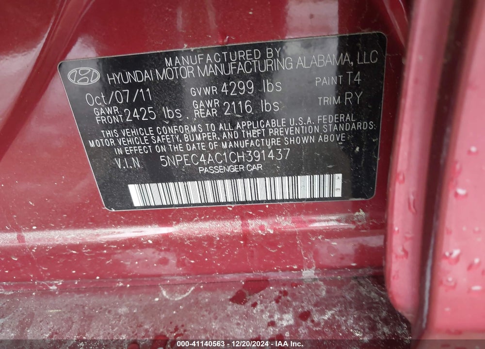 2012 HYUNDAI SONATA SE VIN: 5NPEC4AC1CH391437