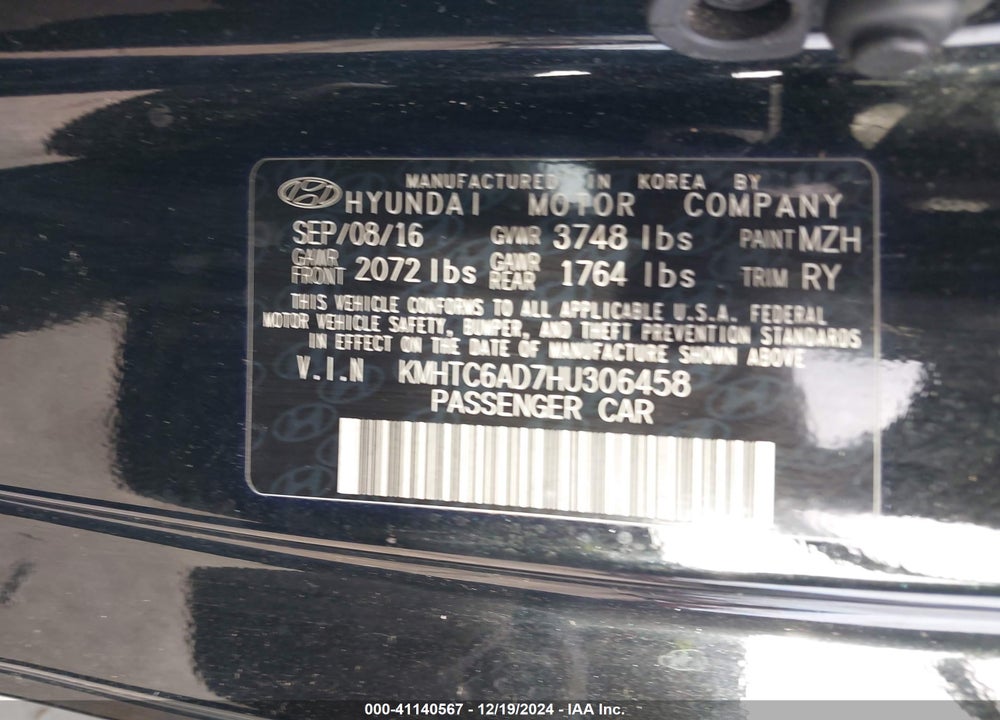 2017 HYUNDAI VELOSTER VIN: KMHTC6AD7HU306458