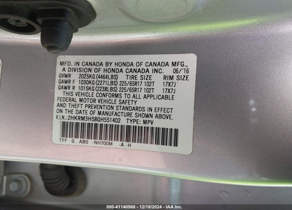 2016 HONDA CR-V EX VIN: 2HKRM3H58GH551402