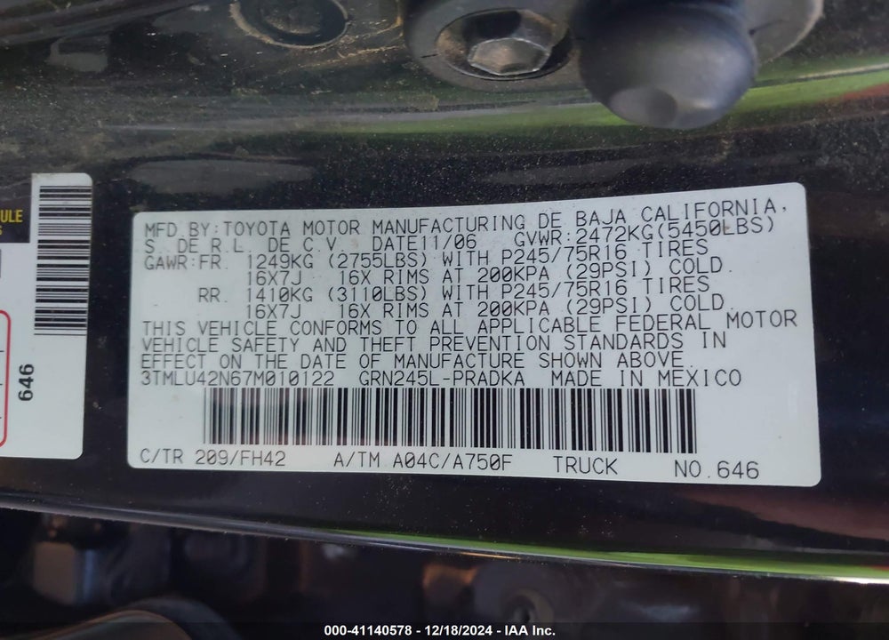 2007 TOYOTA TACOMA BASE V6 VIN: 3TMLU42N67M010122