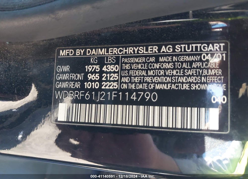 2001 MERCEDES-BENZ C 240 VIN: WDBRF61J21F114790