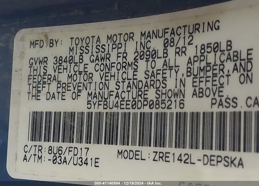 2013 TOYOTA COROLLA S VIN: 5YFBU4EE0DP085216