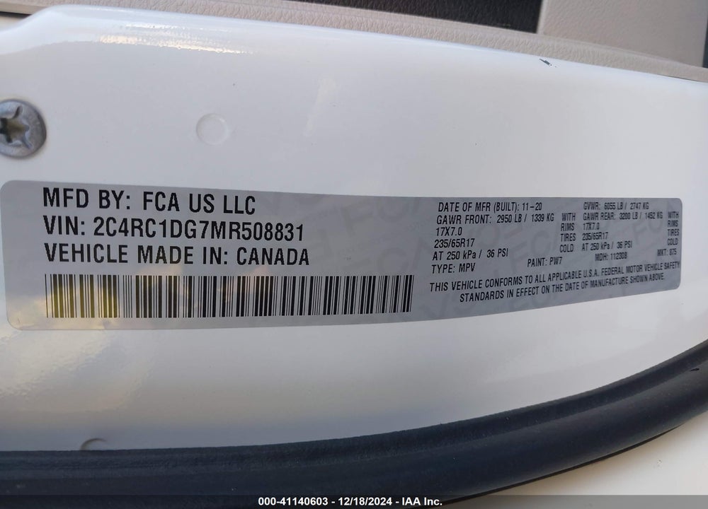 2021 CHRYSLER VOYAGER LXI VIN: 2C4RC1DG7MR508831