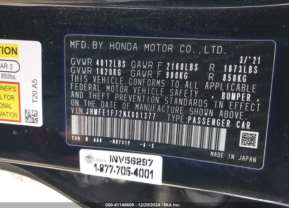 2022 HONDA CIVIC EX VIN: JHMFE1F72NX001377