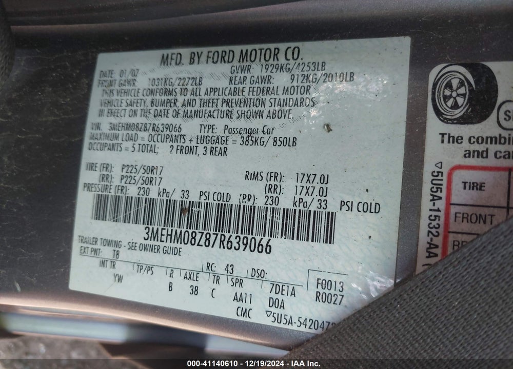 2007 MERCURY MILAN I4 PREMIER VIN: 3MEHM08Z87R639066