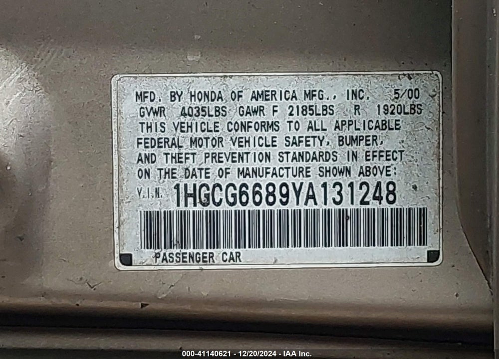 2000 HONDA ACCORD 2.3 EX VIN: 1HGCG6689YA131248
