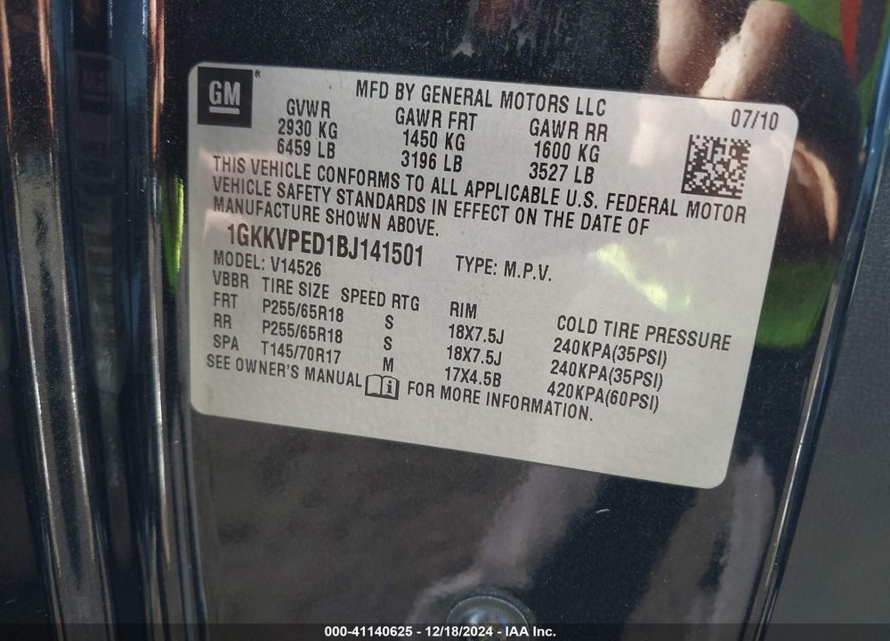 2011 GMC ACADIA SLE VIN: 1GKKVPED1BJ141501