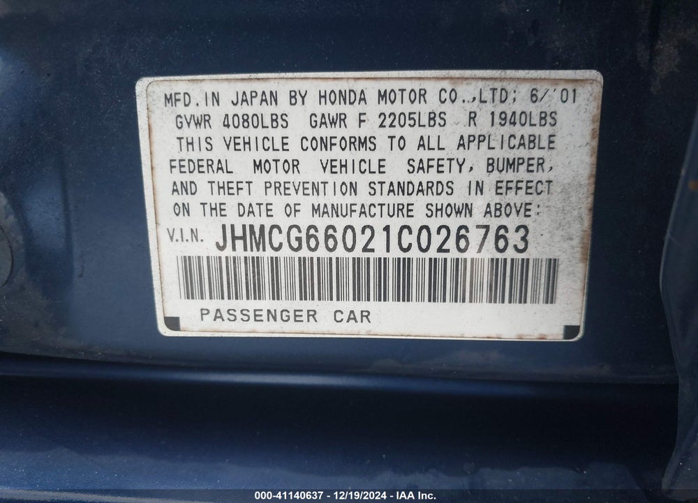 2001 HONDA ACCORD 2.3 EX VIN: JHMCG66021C026763