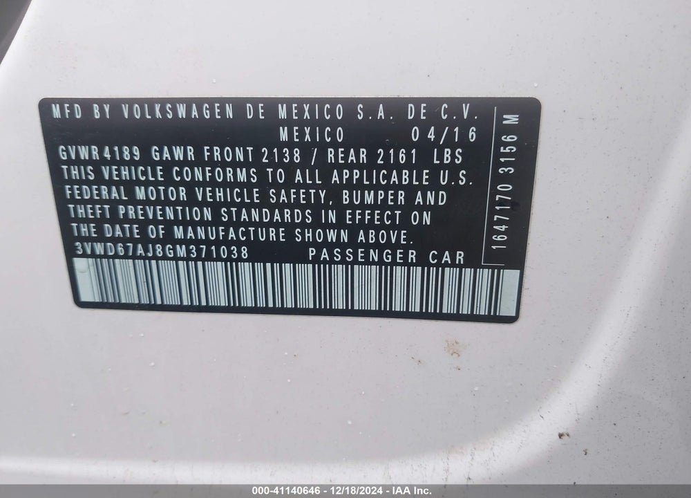 2016 VOLKSWAGEN JETTA 1.4T SE VIN: 3VWD67AJ8GM371038