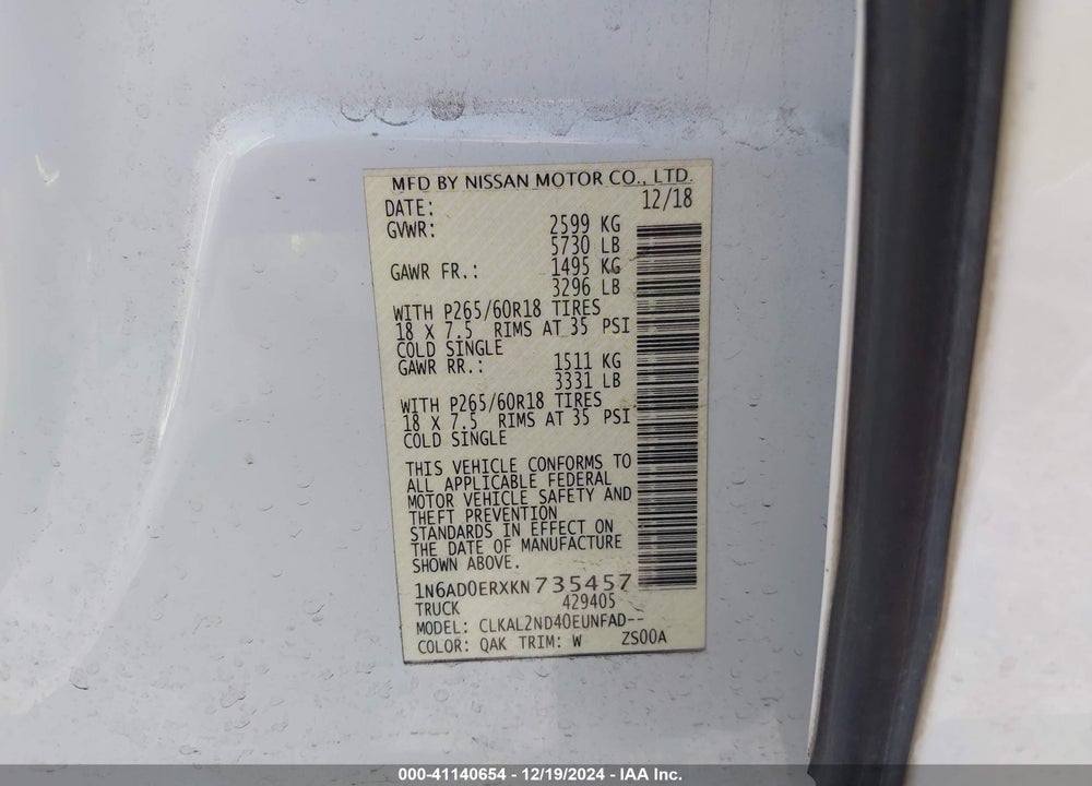 2019 NISSAN FRONTIER SV VIN: 1N6AD0ERXKN735457