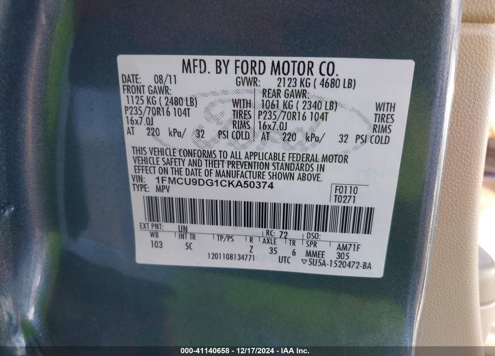 2012 FORD ESCAPE XLT VIN: 1FMCU9DG1CKA50374