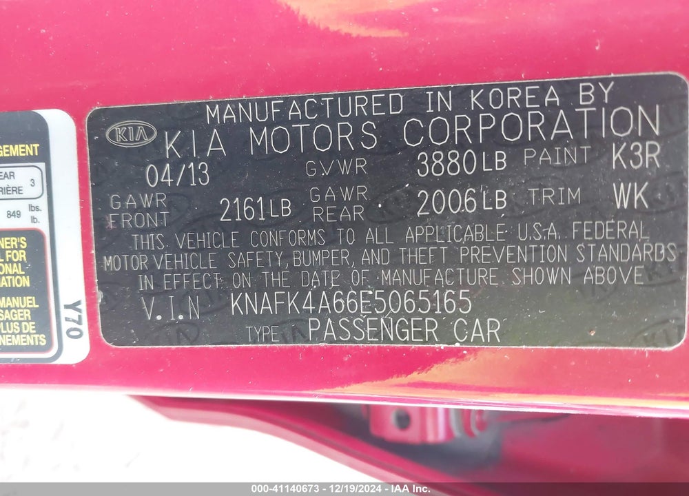 2014 KIA FORTE LX VIN: KNAFK4A66E5065165