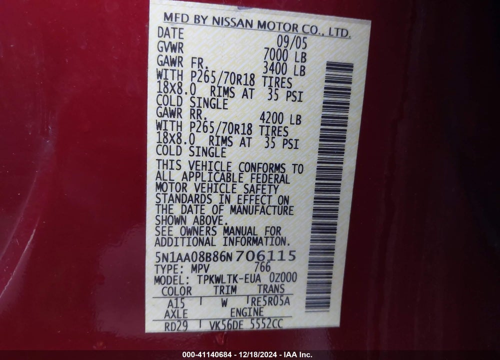 2006 NISSAN ARMADA SE VIN: 5N1AA08B86N706115