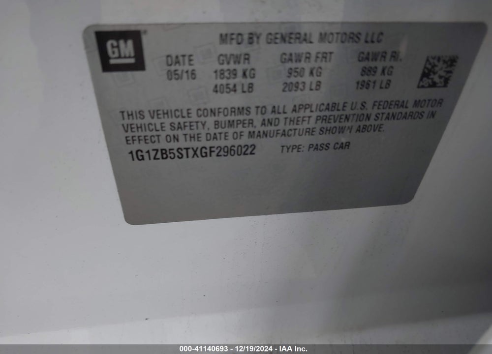 2016 CHEVROLET MALIBU LS VIN: 1G1ZB5STXGF296022