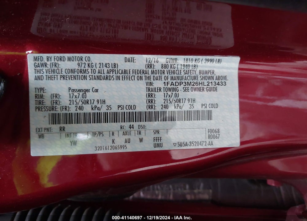 2017 FORD FOCUS SEL VIN: 1FADP3M26HL213433