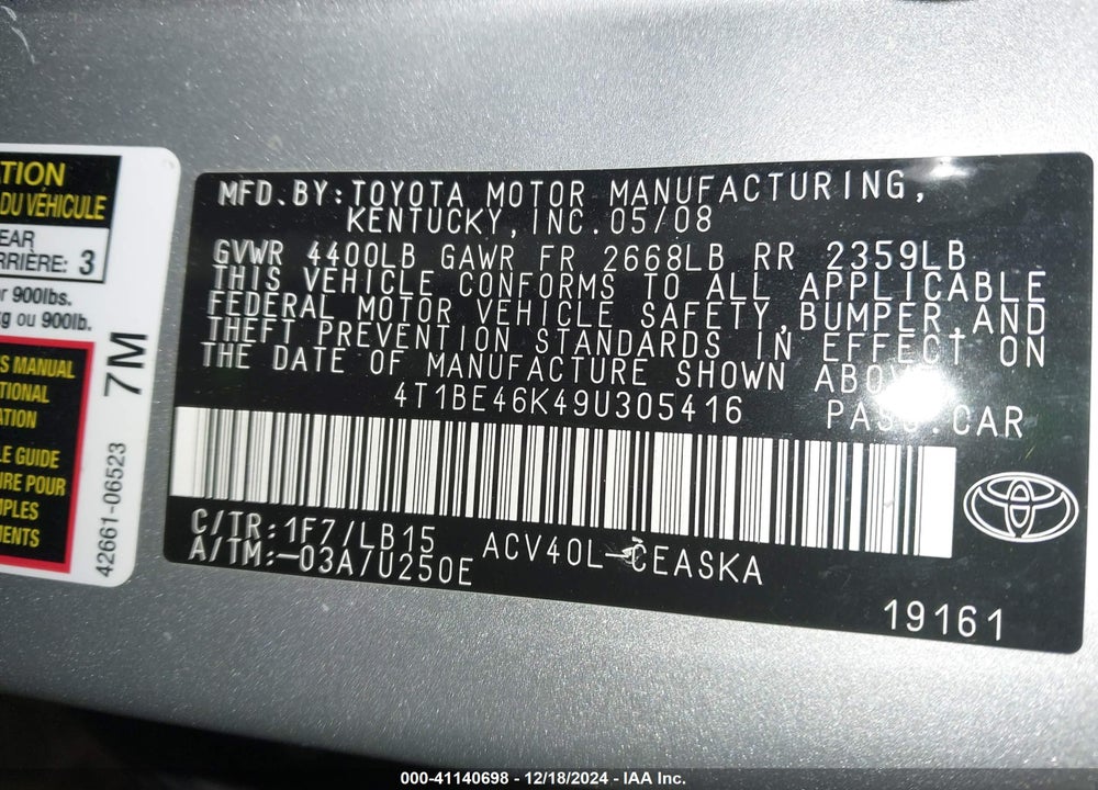 2009 TOYOTA CAMRY SE VIN: 4T1BE46K49U305416