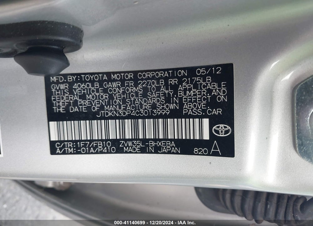 2012 TOYOTA PRIUS PLUG-IN VIN: JTDKN3DP4C3013999
