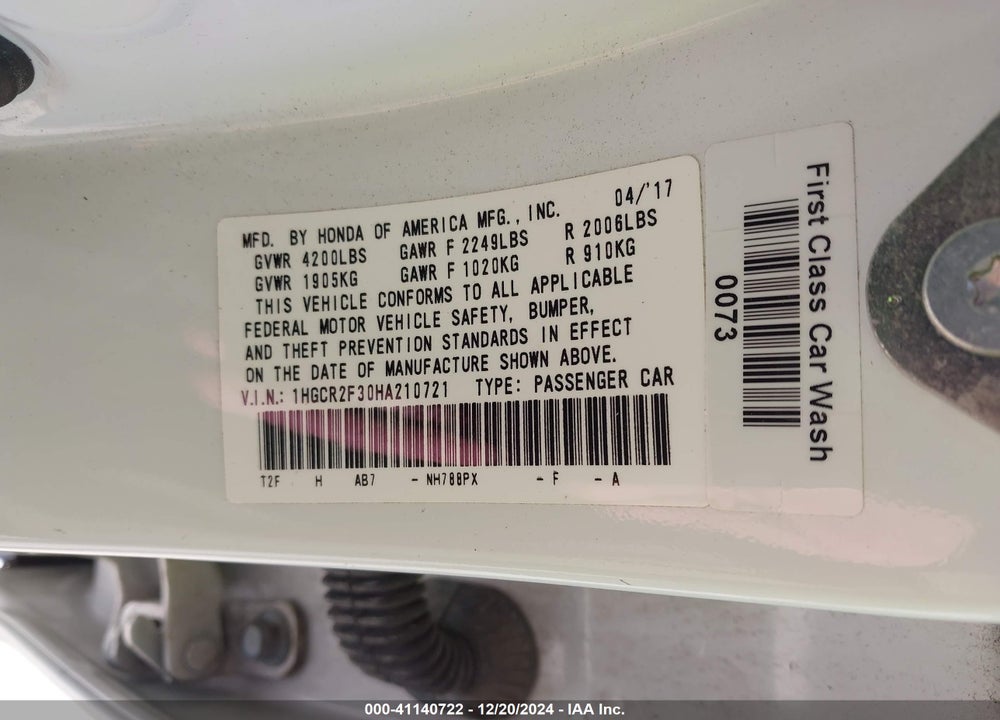 2017 HONDA ACCORD LX VIN: 1HGCR2F30HA210721