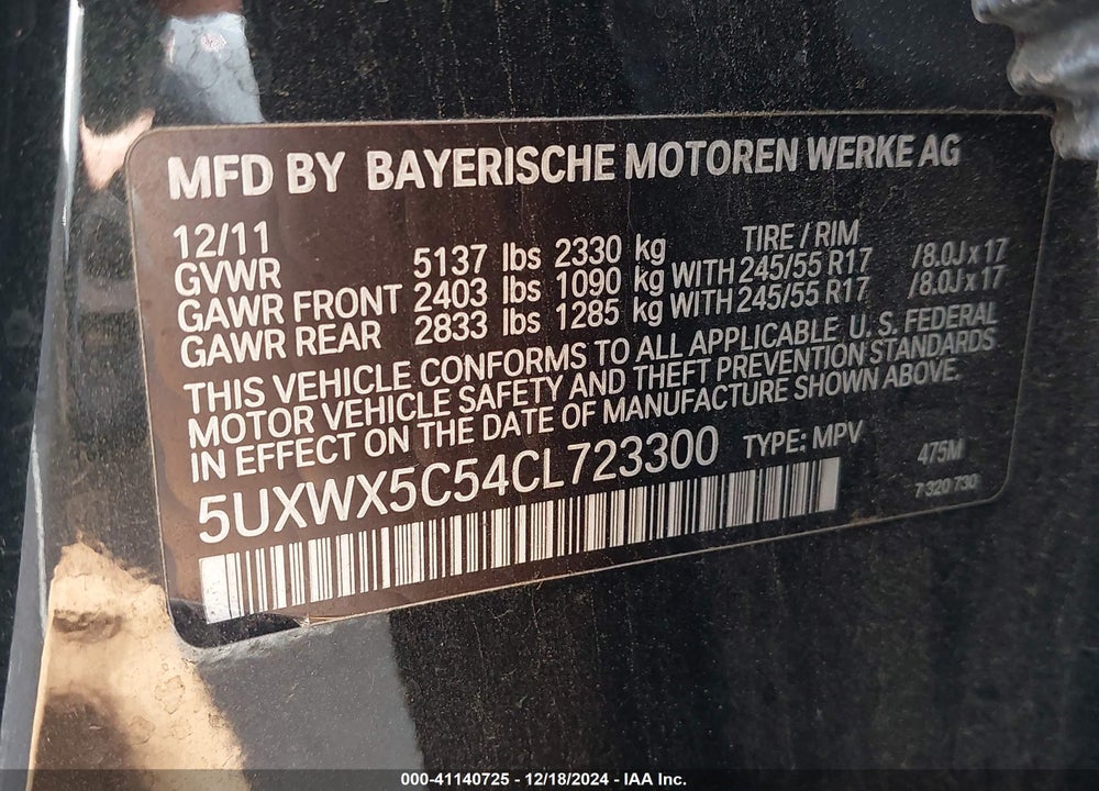 2012 BMW X3 XDRIVE28I VIN: 5UXWX5C54CL723300