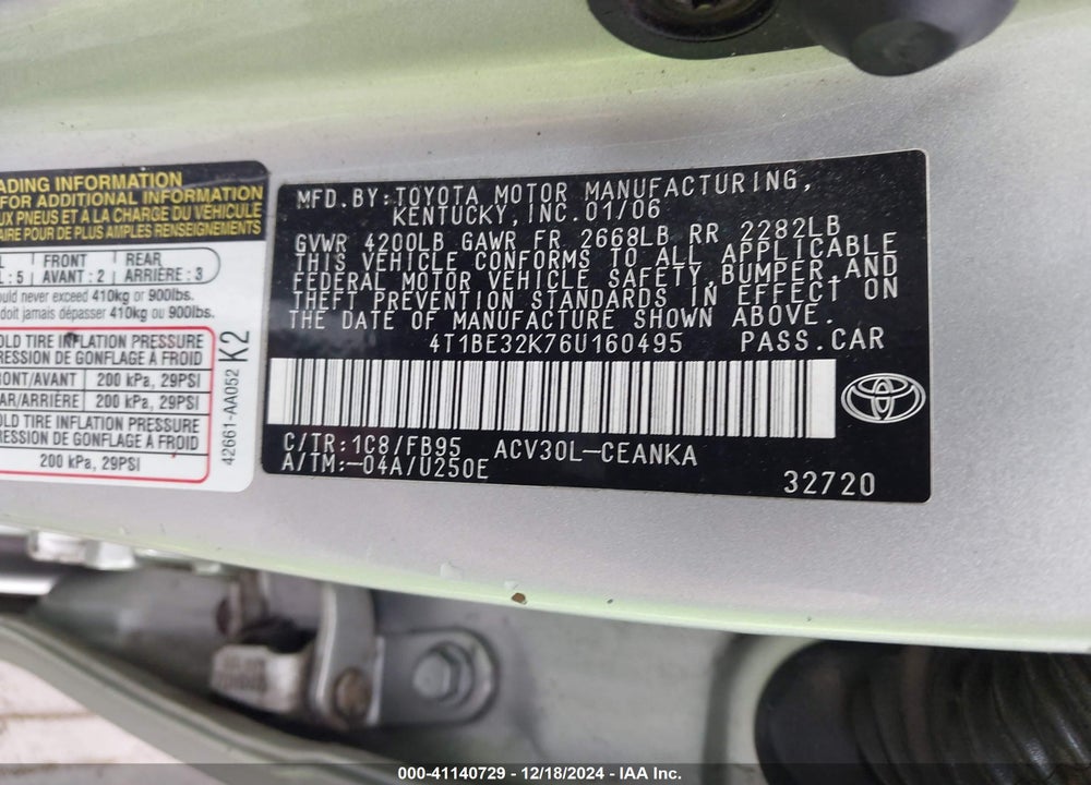 2006 TOYOTA CAMRY LE VIN: 4T1BE32K76U160495